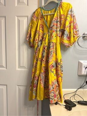 Bright Yellow Paisley Midi Dress with Flutter Sleeves